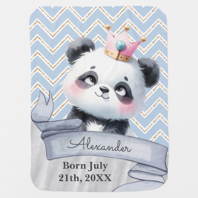 Cute Panda Custom Name & Birth Blue Baby Blanket (Front)