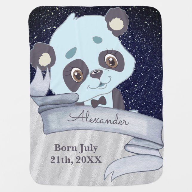 Cute Panda Custom Name & Birth Sparkly Blue Sky Baby Blanket (Front)