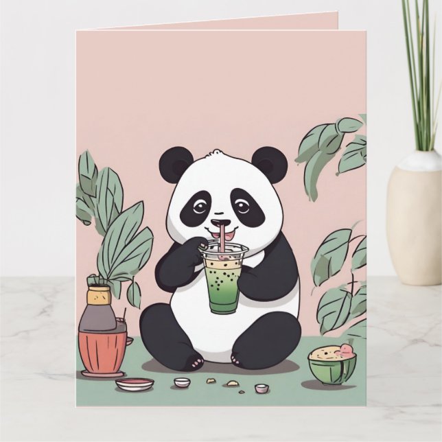 Cute Panda drinking bubble tea, boba tea Letterpress Thank You Card (Front)