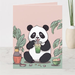 Cute Panda drinking bubble tea, boba tea Letterpress Thank You Card
