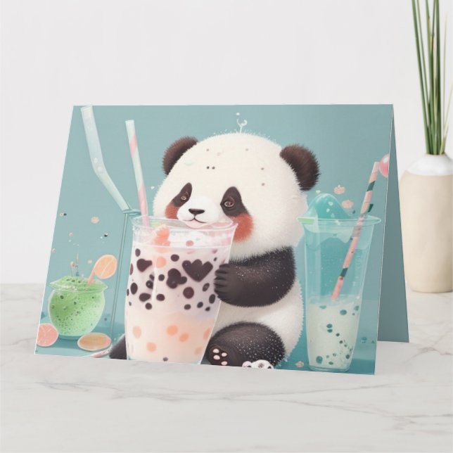 Cute Panda drinking bubble tea, boba tea Letterpress Thank You Card (Front)