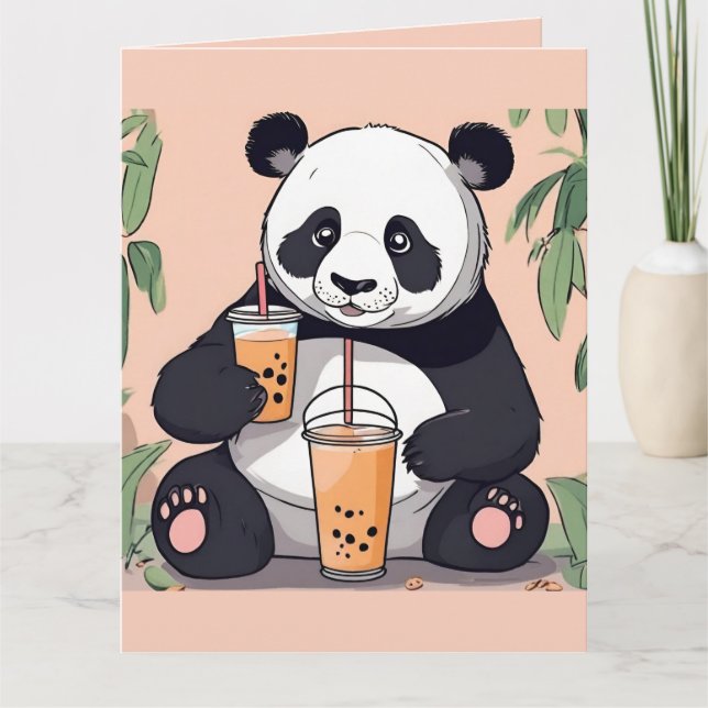 Cute Panda drinking bubble tea, boba tea Letterpress Thank You Card (Front)