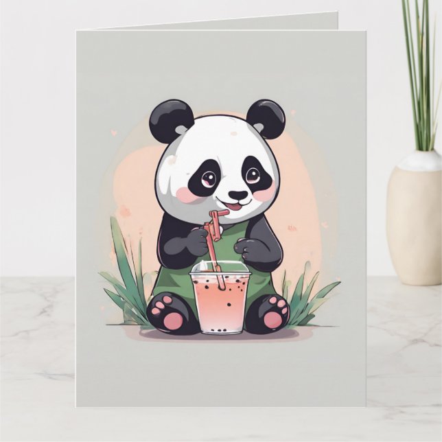 Cute Panda drinking bubble tea, boba tea Letterpress Thank You Card (Front)