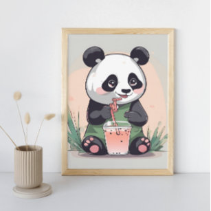 Cute Panda drinking bubble tea, boba tea Poster