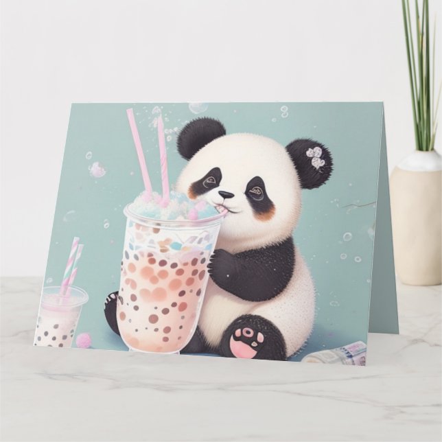Cute Panda drinking bubble tea, boba tea Thank You Card (Front)