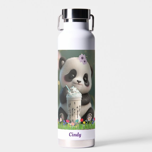 Cute Panda drinking milkshake Personalized Kids  Water Bottle (Front)
