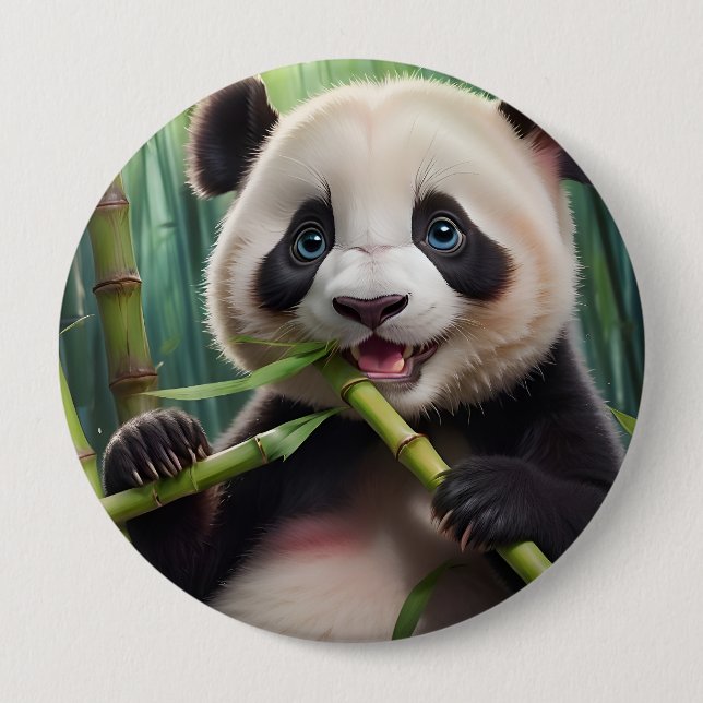 Cute Panda Eating Bamboo Button (Front)