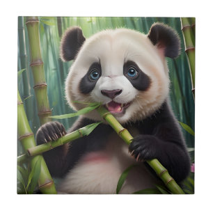 Cute Panda Eating Bamboo Ceramic Tile