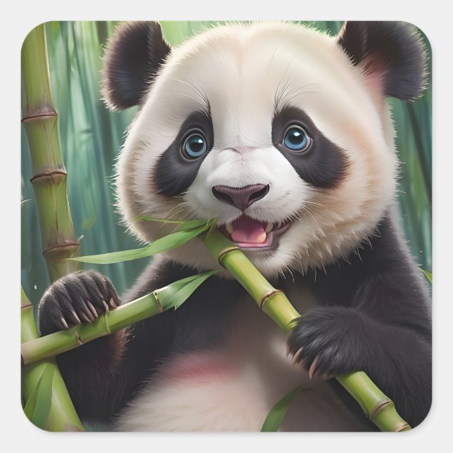Cute Panda Eating Bamboo Square Sticker (Front)