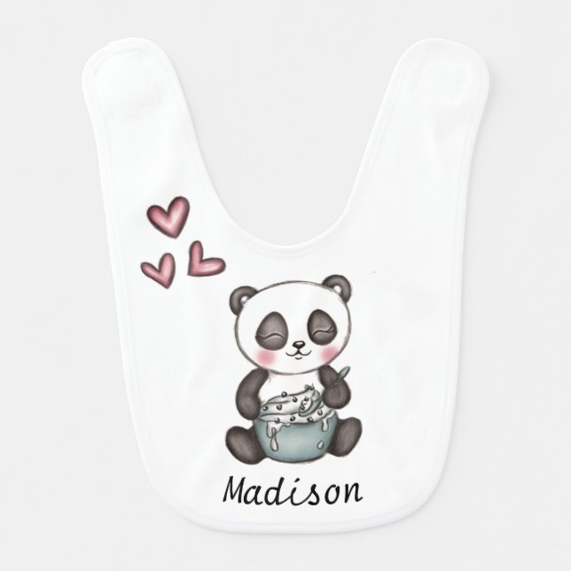 Cute Panda Eating Cookie Dough Personalised Baby Bib (Front)