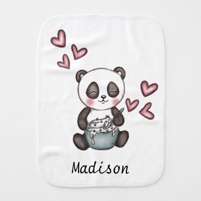 Cute Panda Eating Cookie Dough Personalised Baby Burp Cloth (Front)