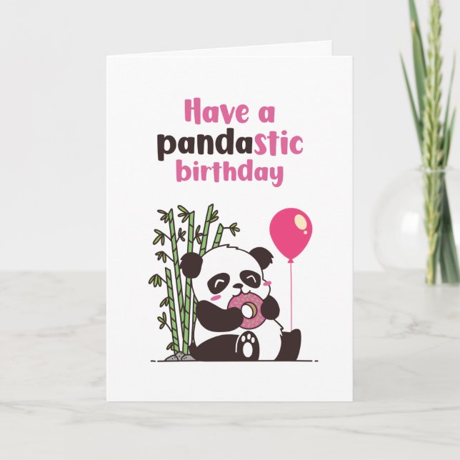 Cute Panda Eating Donut Pandastic Funny Birthday Card (Front)
