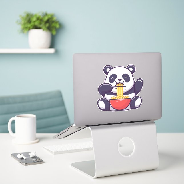Cute Panda Eating Noodle Sticker (Laptop On Desk)