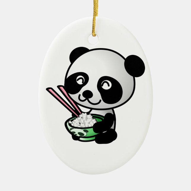 Cute Panda Eating Rice from Bowl with Chopsticks Ceramic Ornament (Front)