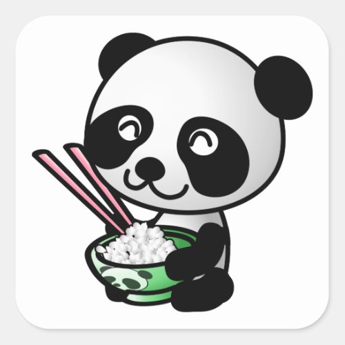 Cute Panda Eating Rice from Bowl with Chopsticks Square Sticker