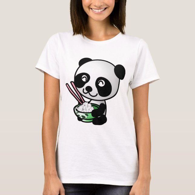 Cute Panda Eating Rice from Bowl with Chopsticks T-Shirt (Front)