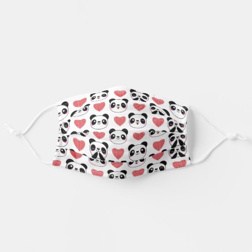Cute Panda Emoji Black White Pink Hearts Pattern Adult Cloth Face Mask