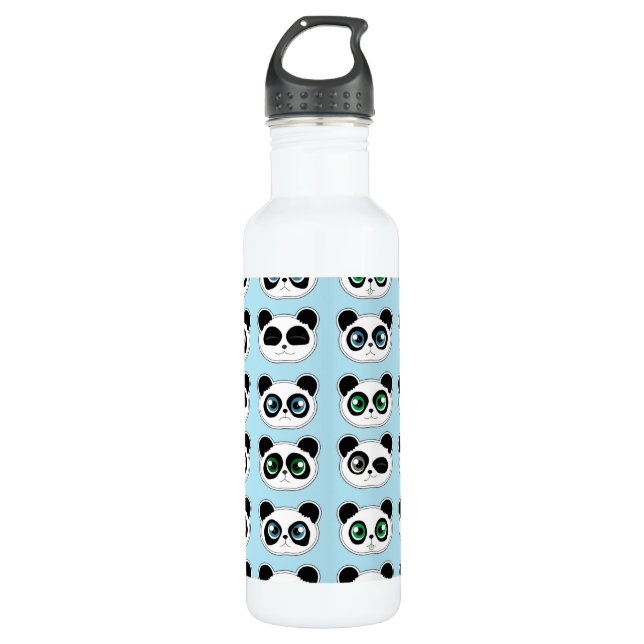 Cute Panda Expression Blue Stainless Steel Water Bottle (Front)