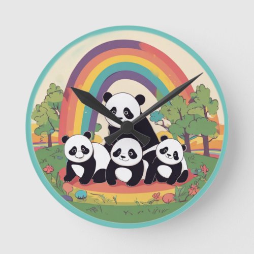 Cute Panda Family Enjoying Life Round Clock