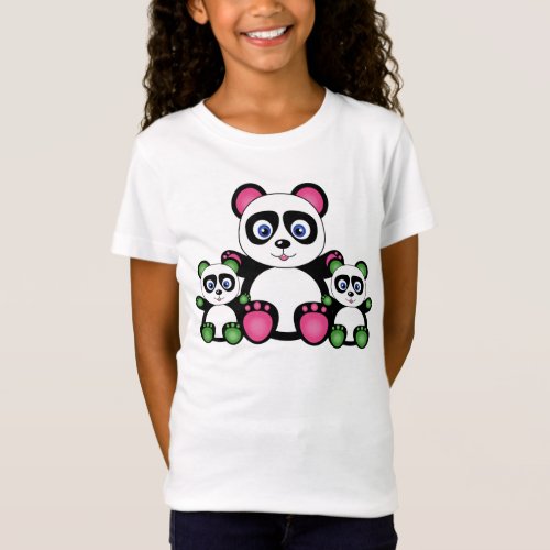 Cute Panda Family In Green And Pink T_Shirt