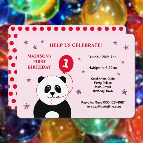 Cute panda first birthday party pink invitation