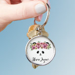 Cute Panda Floral Face Girl's Silver Keychain<br><div class="desc">A pretty panda wearing a floral crown in her hair with space for your name. Makes a lovely gift for granddaughters</div>