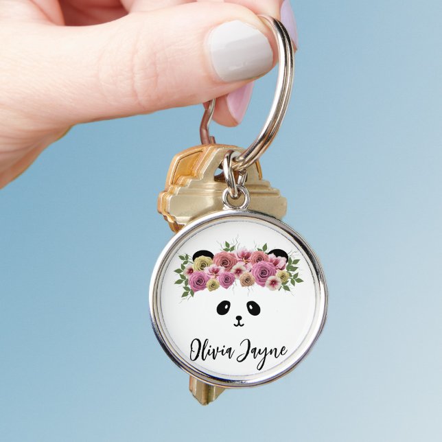 Cute Panda Floral Face Girl's Silver Keychain (Just add your name to this cute floral panda keychain)