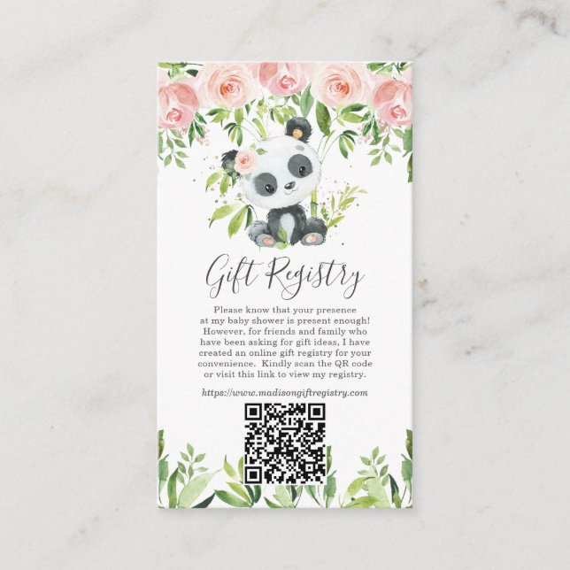 Cute Panda Floral Greenery Gift Registry QR Code Enclosure Card (Front)