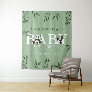Cute Panda & Foliage Neutral Baby Shower Back Drop