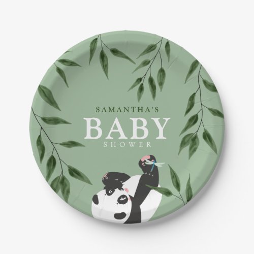 Cute Panda  Foliage Neutral Baby Shower Paper Plates