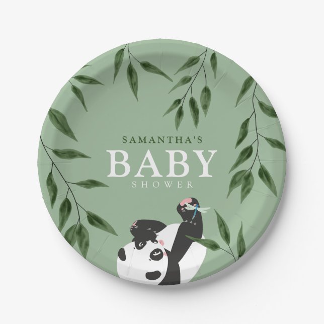 Cute Panda & Foliage Neutral Baby Shower Paper Plates (Front)