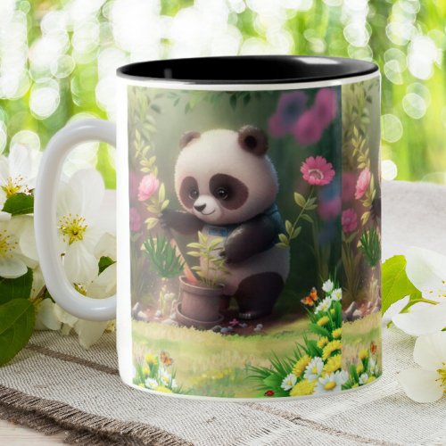 Cute Panda gardening Flowers Butterflies Art Two_Tone Coffee Mug