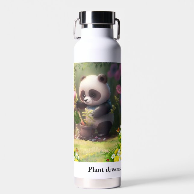 Cute Panda gardening Flowers Butterflies Quote Water Bottle (Front)