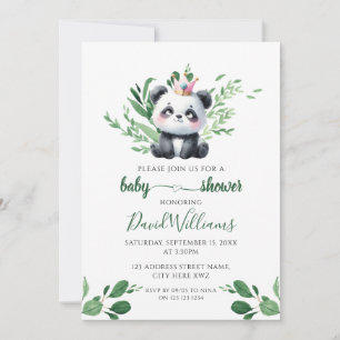 Cute Panda Gender Neutral Greenery Baby Shower Invitation