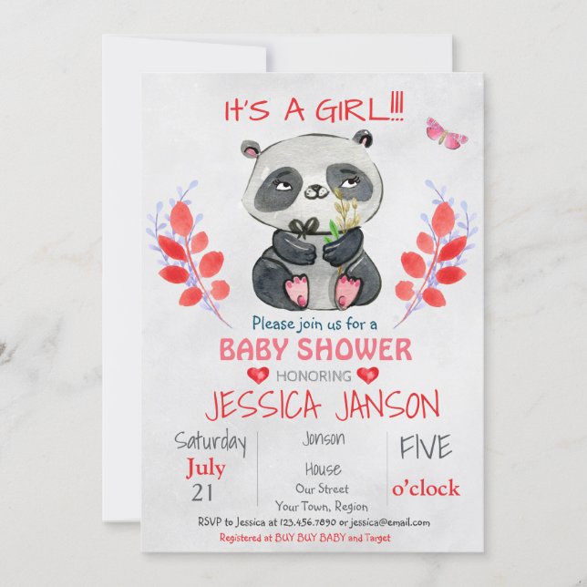 CUTE PANDA GIRL BABY SHOWER INVITATION (Front)