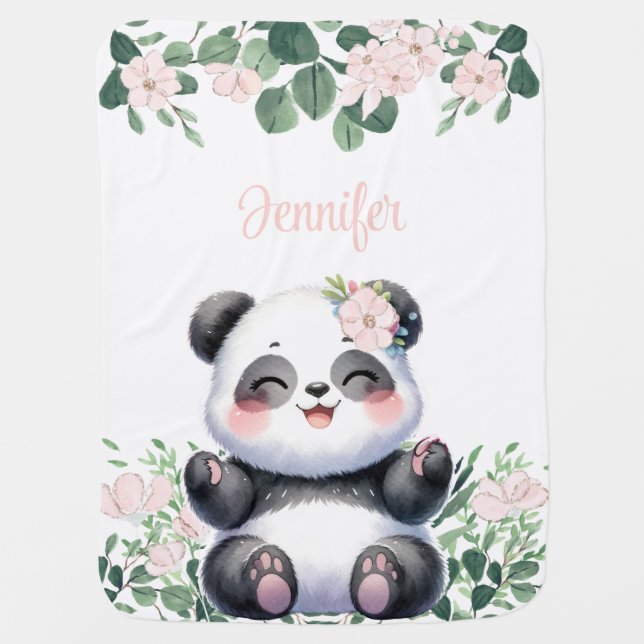 Cute Panda Girl Greenery Pink Flower  Baby Blanket (Front)