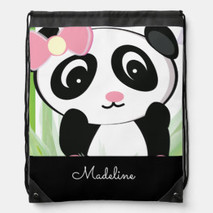 Cute Panda Girl Monogrammed Script Drawstring Bag