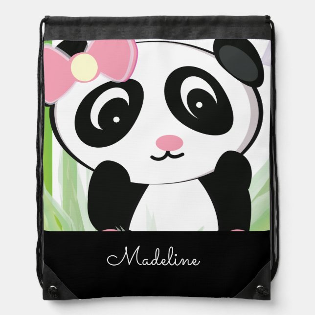 Cute Panda Girl Monogrammed Script Drawstring Bag (Front)