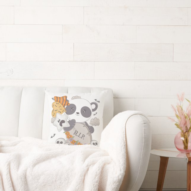 Cute Panda Grave RIP Bats Halloween Throw Pillow (Couch)