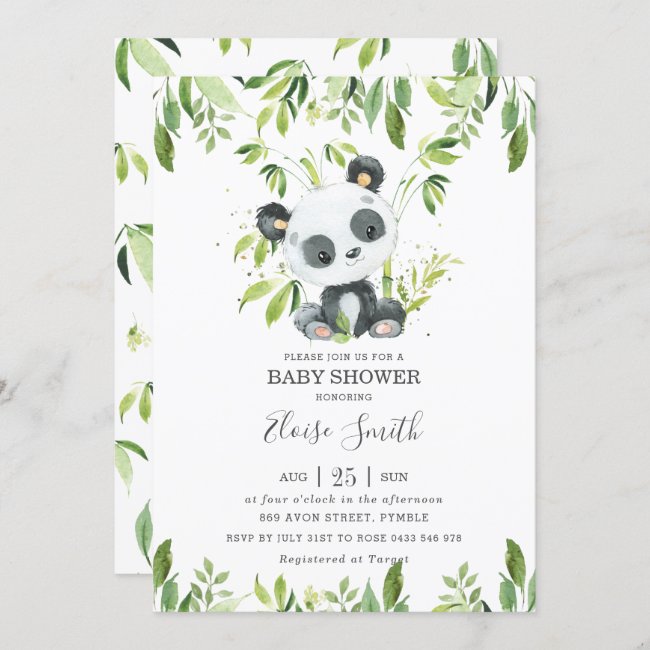 Cute Panda Greenery Baby Shower Gender Neutral Invitation