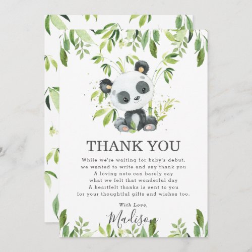 Cute Panda Greenery Baby Shower Gender Neutral  Thank You Card