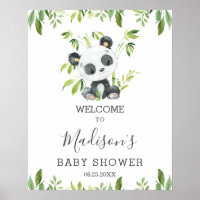 Cute Panda Greenery Baby Shower Neutral Welcome Poster