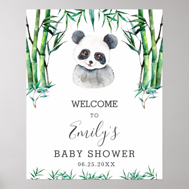 Cute Panda Greenery Baby Shower Neutral Welcome Poster (Front)