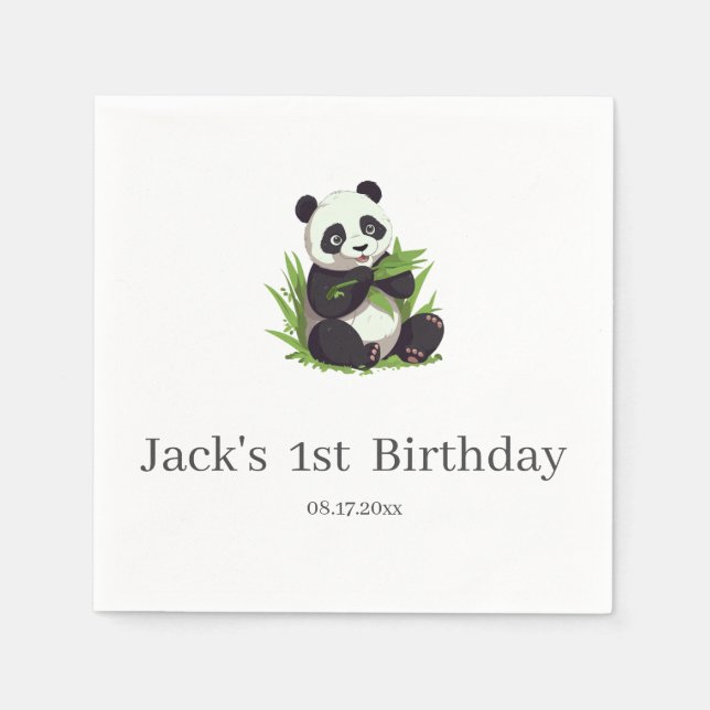 Cute Panda Greenery Bamboo Birthday Party Napkins (Front)