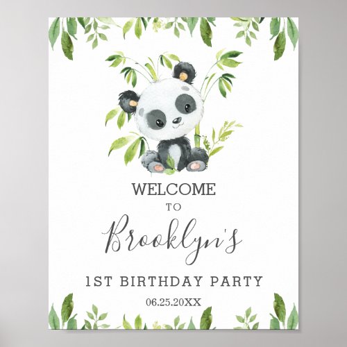 Cute Panda Greenery Birthday Party Neutral Welcome Poster