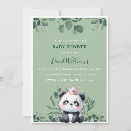 Cute Panda Greenery Foliage Green Baby Shower Invitation