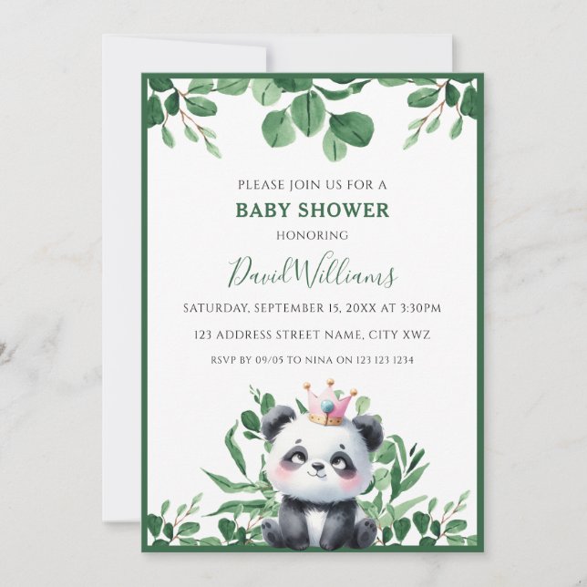 Cute Panda Greenery Foliage Neutral Baby Shower Invitation (Front)