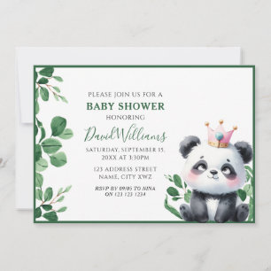 Cute Panda Greenery Gender Neutral Baby Shower Invitation