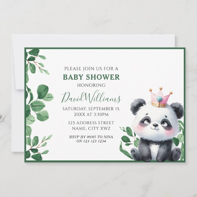Cute Panda Greenery Gender Neutral Baby Shower Invitation (Front)