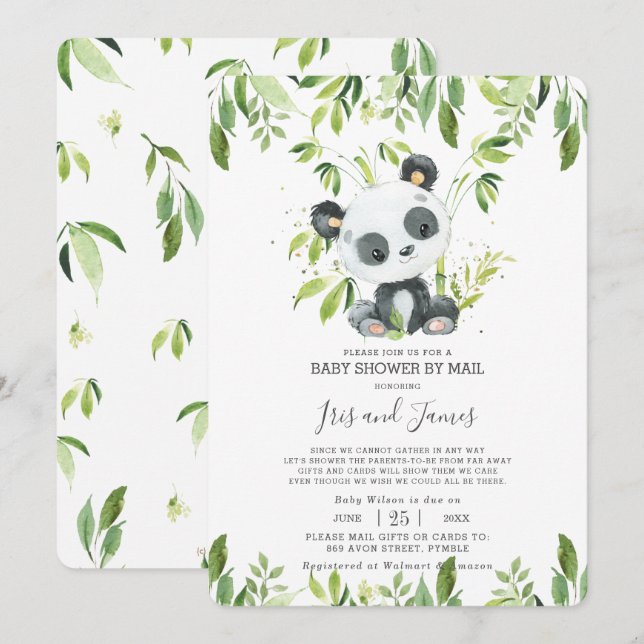 Cute Panda Greenery Virtual Baby Shower by Mail Invitation (Front/Back)